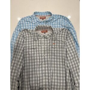 Simms Shirt Lot Of 2 Men's XXL Flannel Pearl Snaps Plaid Grey & Blue Lightweight